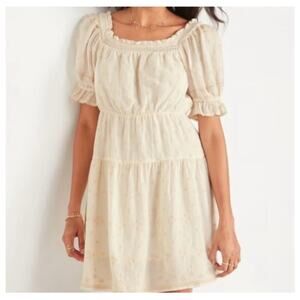 Old Navy Peasant Embroidered Puff Sleeve Dress Tan Size Medium
